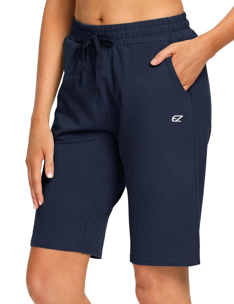 EZRUN Womens Bermuda Shorts Summer Sweat Shorts with Deep Pockets 10" Cotton Shorts for Women Gym Workout Navy - Image 1